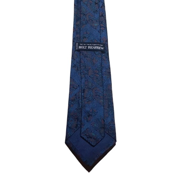 Holt Renfrew Men's 100% Silk Tie Dark Blue Paisley Print Made in Italy - Picture 3 of 5